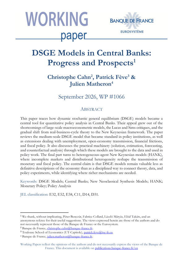 int_mon_econ's tweet photo. Very valuable!

"DSGE Models in Central Banks: Progress and Prospects" by Christophe Cahn, Patrick Fève, and Julien Matheron.

"This paper traces how dynamic stochastic general equilibrium (DSGE) models became a central tool for quantitative policy analysis in Central Banks. Their appeal grew out of the shortcomings of large-scale macroeconometric models, the Lucas and Sims critiques, and the gradual shift from real-business-cycle theory to the New Keynesian framework. The paper reviews the medium-scale DSGE model that became standard in policy institutions, as well as extensions dealing with unemployment, open-economy transmission, financial frictions, and fiscal policy. It also discusses the practical machinery (solution, estimation, forecasting, and counterfactual analysis) through which these models are brought to the data and used in policy work. The final part turns to heterogeneous-agent New Keynesian models (HANK), where incomplete markets and distributional heterogeneity reshape the transmission of monetary and fiscal policy. The central claim is that DSGE models remain valuable less as definitive descriptions of the economy than as a disciplined way to connect theory, data, and policy experiments, while identifying where richer mechanisms are needed."

https://t.co/fA4tFibJZe
