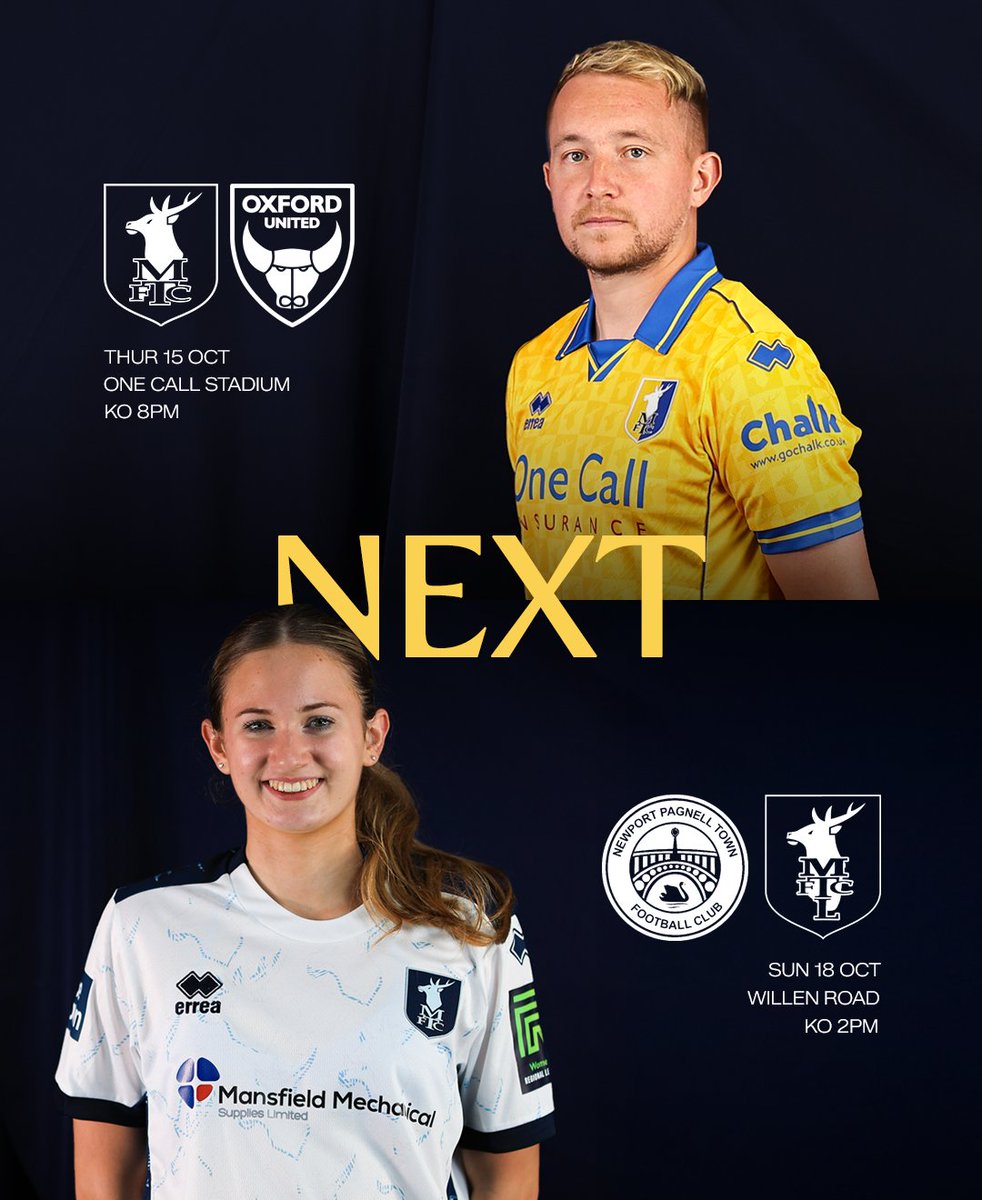 mansfieldtownfc's tweet photo. 🗓️ Another home fixture for our men's first team this Thursday, while @MTFCLadies travel to Newport Pagnell on Sunday 🔜

#Stags 🟡🔵 https://t.co/S7N4fPpopy