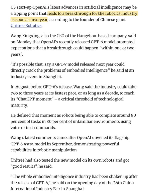 AlphaMetrics_1's tweet photo. The CEO of China's top humanoid maker is now setting his timeline off OpenAI's roadmap.

August: 2–3 years at best. Up to 10.
This week: 1–2 years.
The trigger wasn't a better robot. It was GPT-6.

The tests show both sides:
→ Block into a bowl: 19/20
→ Puzzle piece into a groove: 2/20

The brain is arriving early. The last millimetre isn't.

If the brain comes off the shelf, the body stops being the moat.
The value moves to the compute that runs it and the perception that guides the hand.

On the Alpha Radar: $NVDA $OUST. Scorecard to follow. NFA.