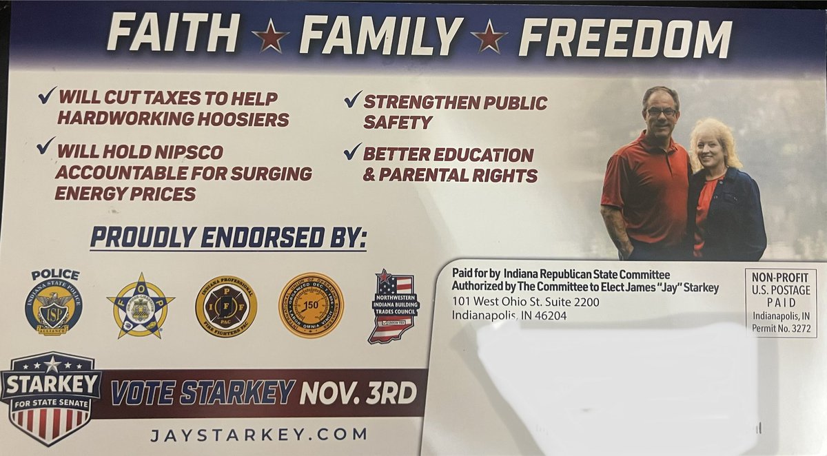 JayStarkeySen6's tweet photo. Building a Better Future for Northwest Indiana!
Our latest mailer is hitting mailboxes across District 6!
Lower taxes, affordable energy, public safety, parental rights and protecting our freedoms.
Faith🇺🇸
Family🇺🇸
Freedom🇺🇸
🇺🇸 Vote Starkey Nov. 3rd!
#JayStarkey #District6 https://t.co/QqMJ0DmoWD