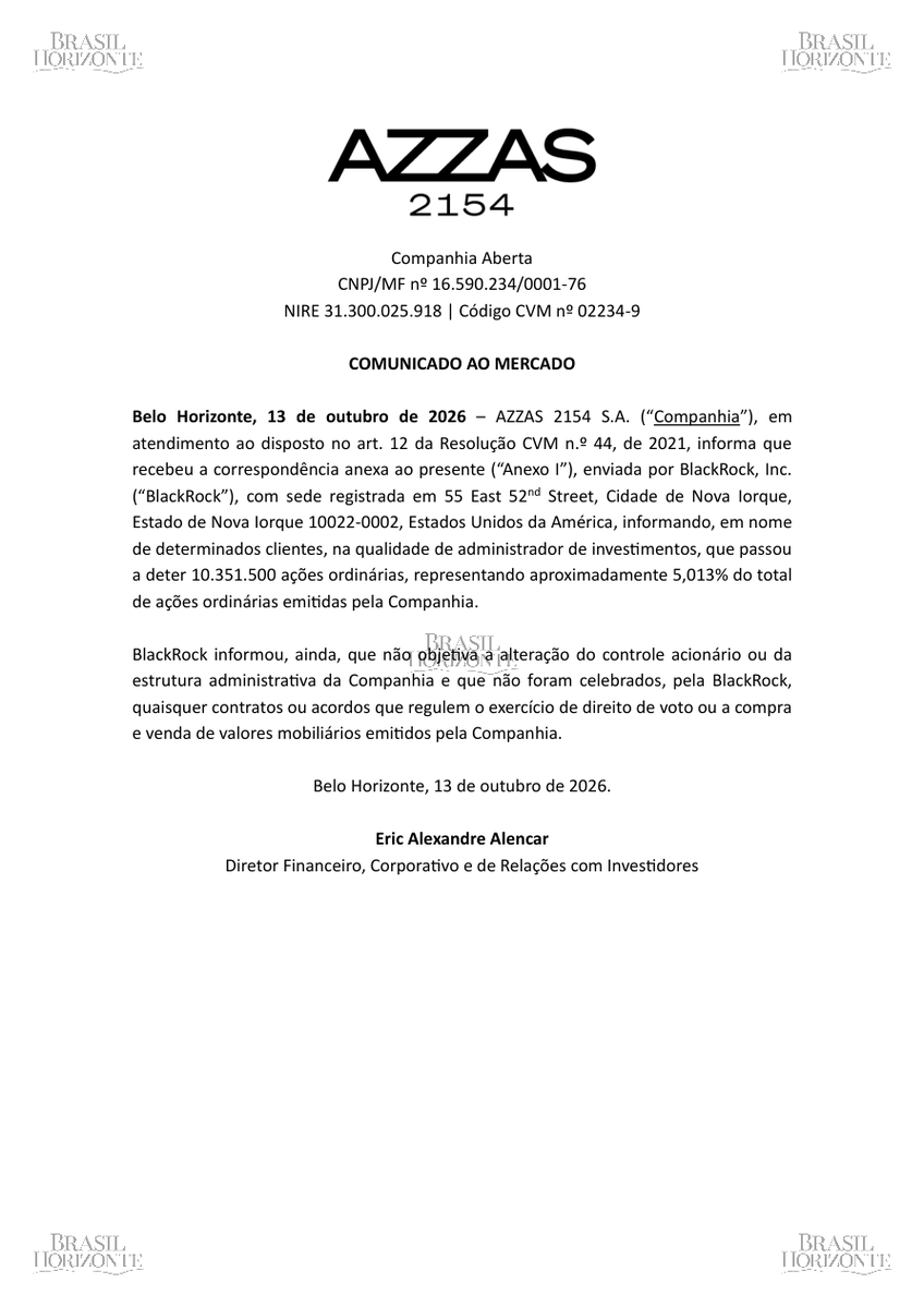 brasilhorizont's tweet photo. 📢 Comunicado ao Mercado | #AZZA3 - AZZAS 2154 S.A.
📈 BlackRock passou a deter 10.351.500 ações ordinárias
📊 Participação atingiu aproximadamente 5,013% do total de ações ordinárias emitidas
📅 Posição acionária relevante foi alcançada em 08 de outubro de 2026
🔄 Objetivo é estritamente de investimento, sem intenção de alterar o controle ou a estrutura administrativa
✅ Não foram celebrados contratos ou acordos que regulem o exercício de direito de voto ou a negociação de valores mobiliários
🔗 Receba notificações dos seus ativos: https://t.co/q9Y5XANagc