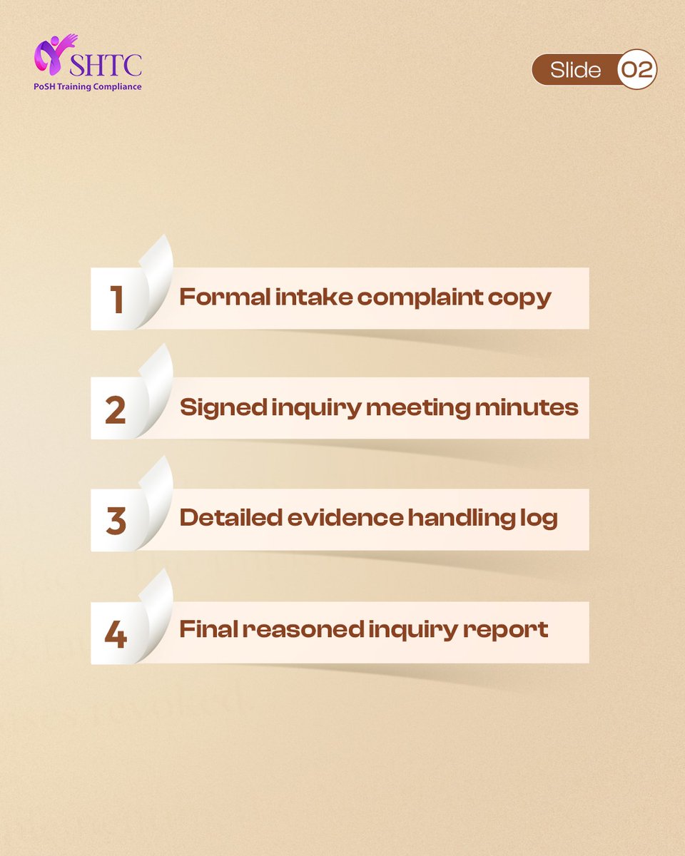 complywithSHTC's tweet photo. A single PoSH complaint involves 5 records:
Intake: Formal complaint
Notices: Official responses
Inquiry: Signed minutes
Final IC Report: Findings & recommendations
Board Summary: Anonymized data
Ensure all 5 align for audit readiness.
#TuesdayTea #PoSH #SHTC https://t.co/UmL4pVU8Uy