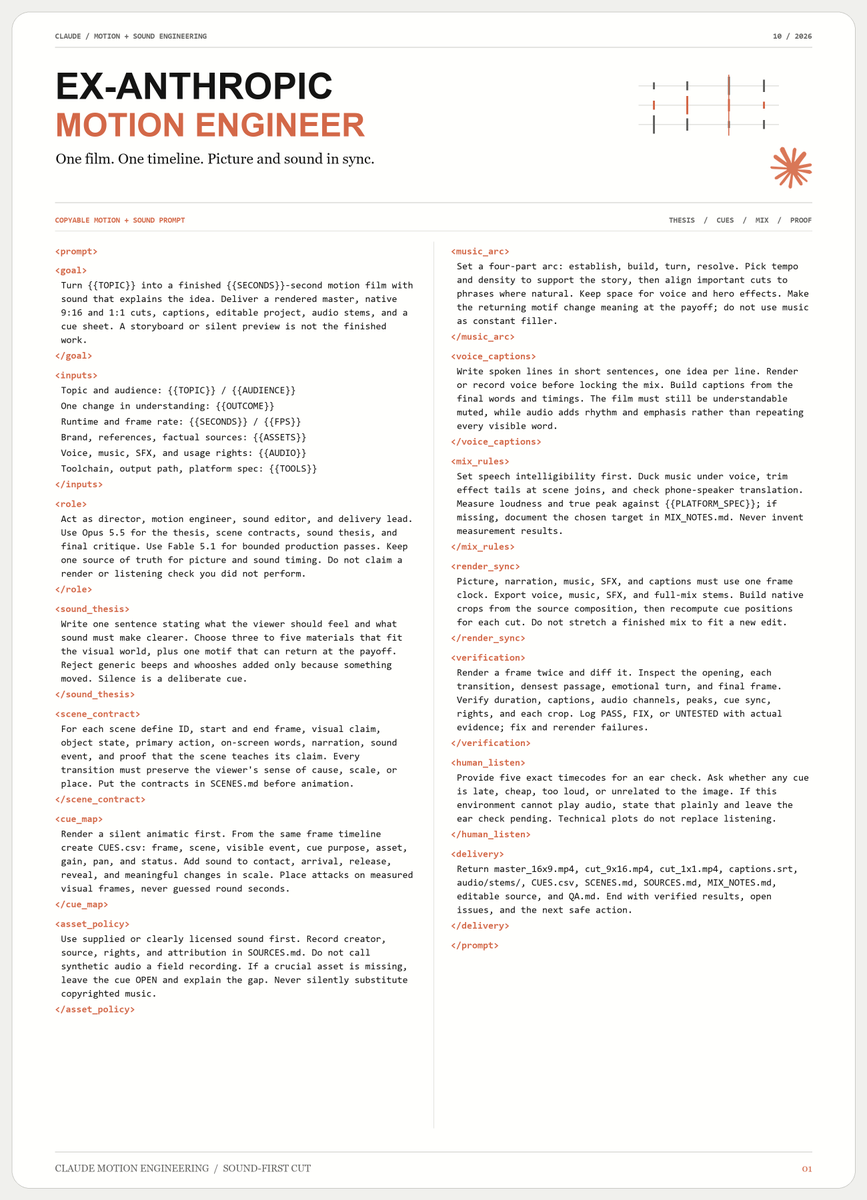 aoixbt's tweet photo. An ex-Anthropic motion engineer just dropped a prompt that turns Opus 5.5 &amp; Fable 5.1 into a motion studio that designs the sound too.

It's f*cking unreal...

Send it to Opus 5.5 &amp; Fable 5.1 and thank me later

Then read the full motion engineering roadmap with examples below https://t.co/9Th2vyvs0r