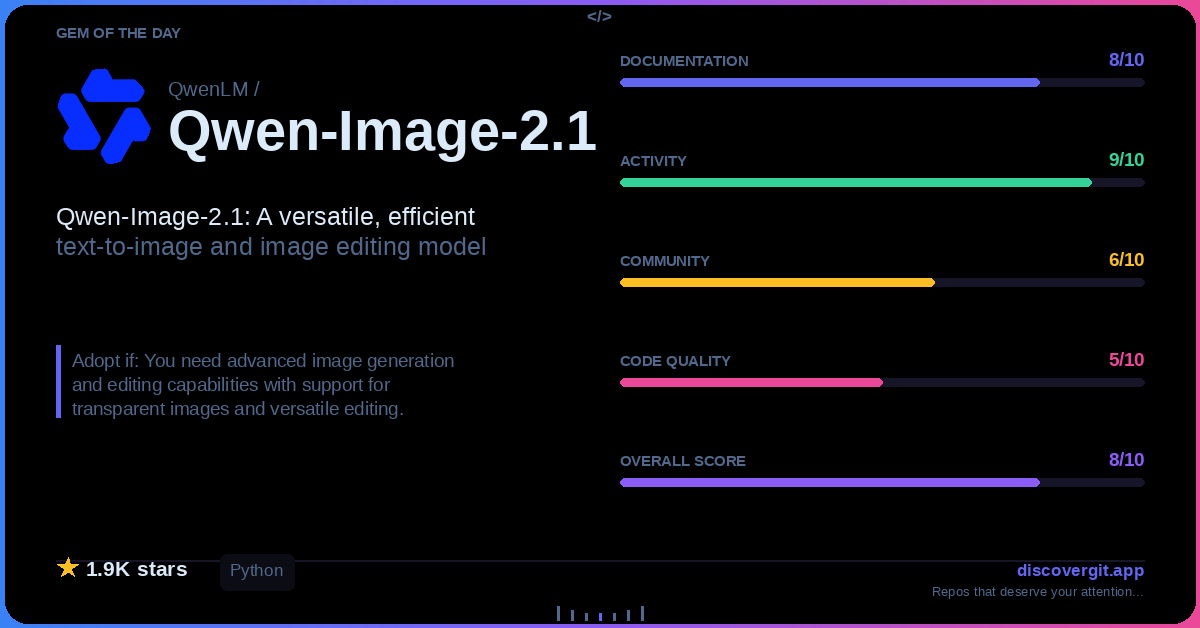 DiscoverGit's tweet photo. GEM OF THE DAY: QwenLM/Qwen-Image-2.1

State-of-the-art text-to-image generation and editing in one unified model, built for real-world efficiency and versatility.

★ 1.9K · Q80/100
#TextToImage #ImageEditing #GenerativeAi #Multimodal

https://t.co/mZg57G4e3N https://t.co/t929QECie1