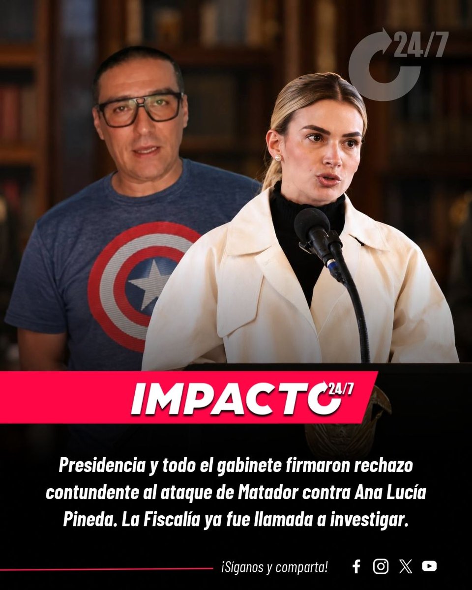 Impacto24_7's tweet photo. FRENO A LA MISOGINIA | El Gobierno de De La Espriella cerró filas: un comunicado firmado por todos los ministros rechaza los ataques del caricaturista Matador contra la primera dama Ana Lucía Pineda. La Presidencia fue clara: la misoginia no se disfraza de humor. Y fue más lejos: pidió a la Fiscalía investigar. El círculo de impunidad se acabó.