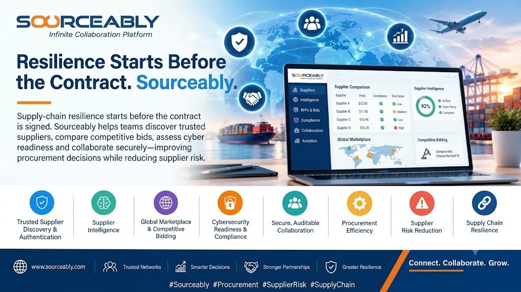 SOURCEABLYUSA's tweet photo. Every sourcing decision should be transparent and accountable. Sourceably helps teams discover trusted suppliers, compare bids, support cyber and compliance checks, and collaborate through auditable workflows, reducing risk and improving procurement confidence.

#Sourceably  #AI https://t.co/FAjtjdhXs1