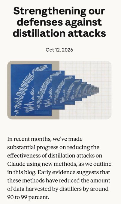 Anon54470532's tweet photo. nthropic says it cut data harvested from Claude in distillation attacks by 90–99%. Credit where due. As I argued on All-In Ep. 282, Anthropic, not Washington, was best placed to stop it. It built defenses and they worked. Not every problem needs new regulation.
#TGuesdayVibes https://t.co/BAhFQqIa35