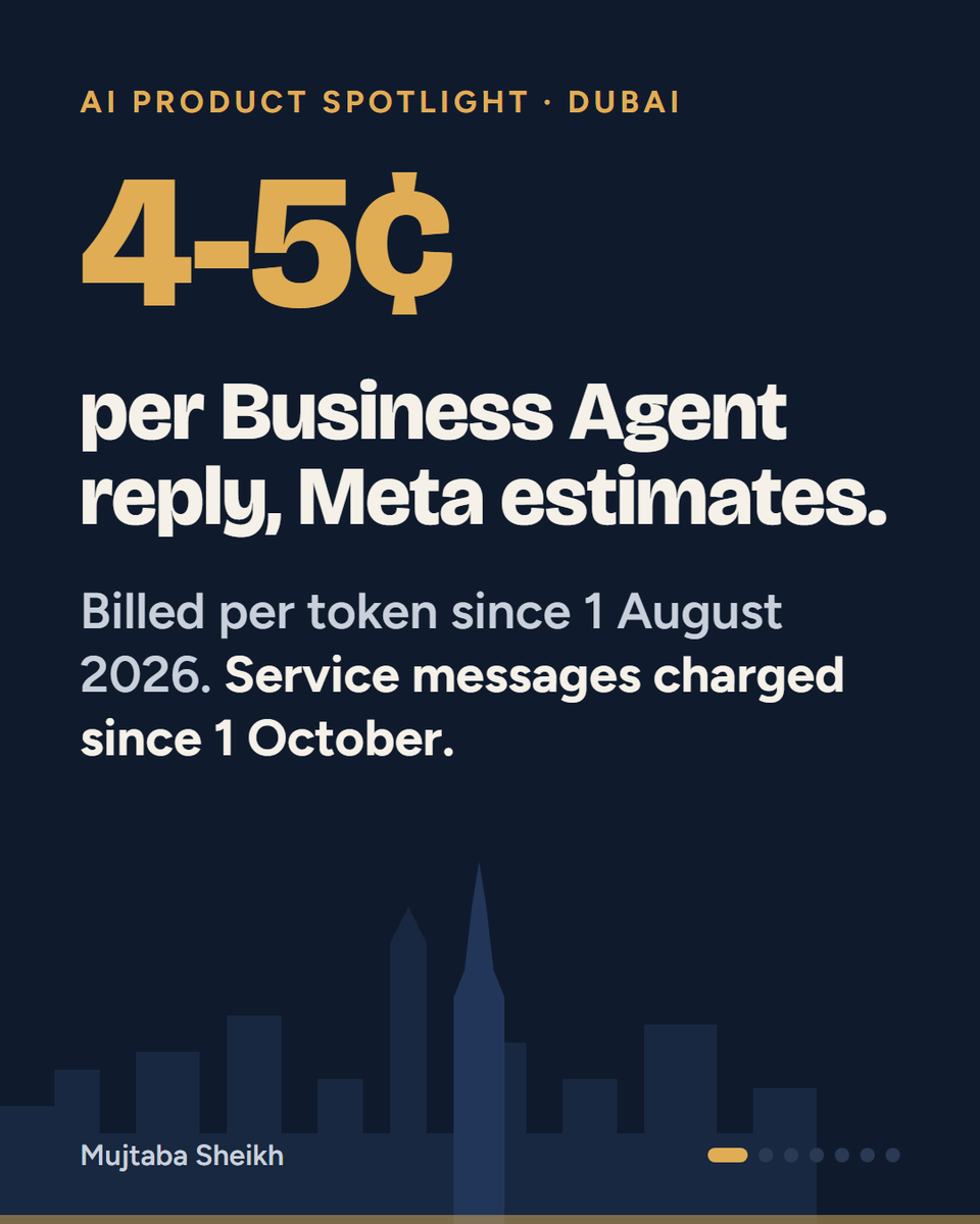 mujtaba187's tweet photo. Meta Business Agent on WhatsApp: about 4-5 cents a reply since 1 Aug 2026, Meta estimates.

In Dubai, that could be:
– Real estate: booking viewings
– Hotels: guest replies at 3am
– Retail: product picks

The catch: select markets; UAE and Arabic not listed.

Worth it per reply? https://t.co/uepoaYWPBD