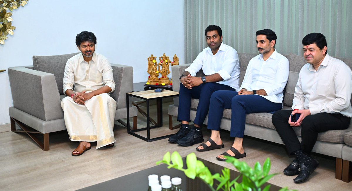 naralokesh's tweet photo. It was a pleasure to welcome Hon'ble Tamil Nadu Chief Minister Thiru Vijay garu to Andhra Pradesh today. Delighted to have him seek the blessings of Kanaka Durga Ammavaru on Indrakeeladri during Dasara Navaratri. His discussions with our CM @ncbn garu reflect a shared vision for the progress of both states. The Telugu-Tamil bond runs deep, and we will keep building on it.
@CMOTamilnadu
