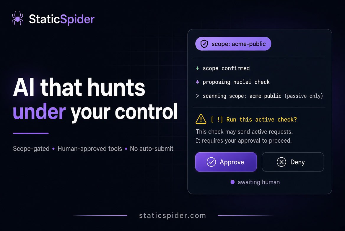 Biggestbughere's tweet photo. StaticSpider: AI for authorized security testing — you control scope, approve every tool, validate findings. Nothing auto-submits.

Hunters + teams → https://t.co/lGH68CMdFZ https://t.co/Z9pMYjP5sf