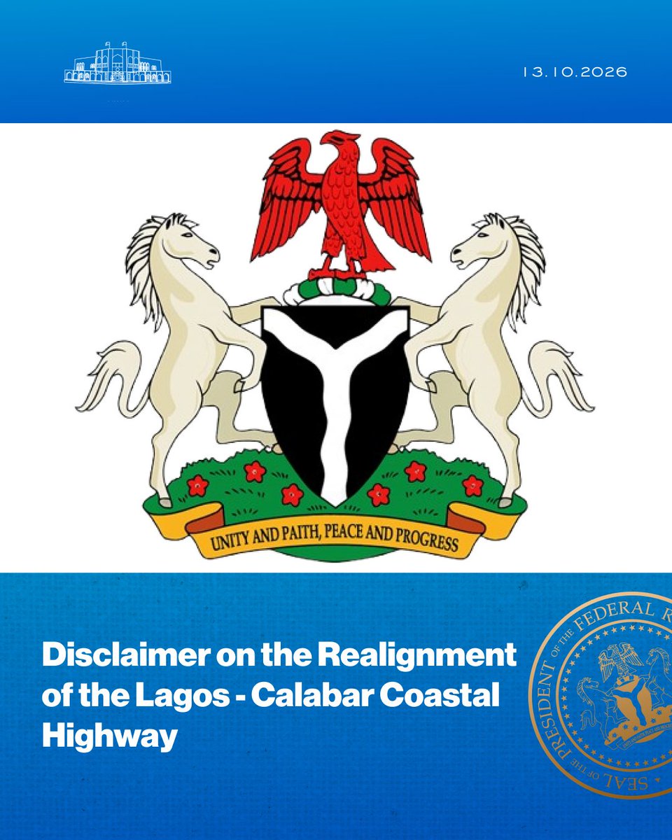 NGRPresident's tweet photo. Disclaimer on the Realignment of the Lagos - Calabar Coastal Highway.

@FMWR_Nigeria https://t.co/7CVsrpblZN