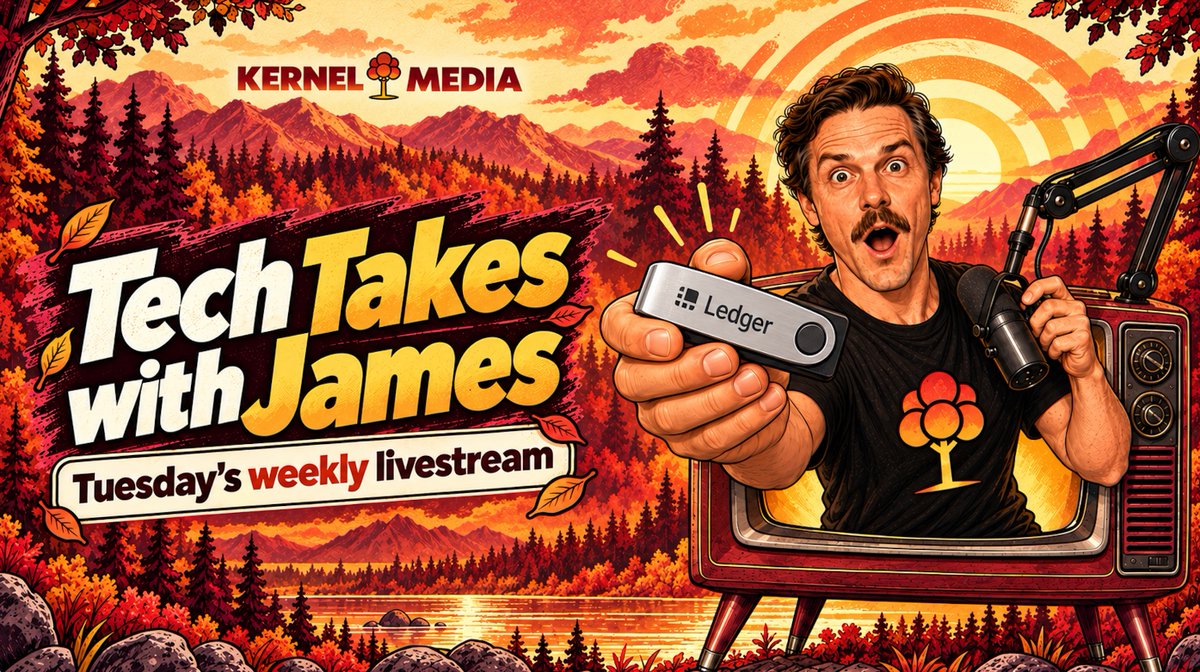 KernelTechNews's tweet photo. This week's TECH TAKES with James is almost here! 🚨

This week we cover:
- Ledger's HUGE hacking news
- New Samsung Z Trifold
- Google's new FitBit Edge
and more.

Join us LIVE at 2pm UTC today for the lowdown.
(And don't forget: By RTing this post, you go into the weekly draw for a Kernie Sentinel! 🧌)