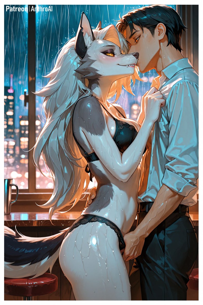 AnthroAI_'s tweet photo. Loona’s Rainy Night Bar 🌧️🥃
Rain on the windows, whiskey on the counter and a black dress that’s slipping lower with every drink. Loona came here alone, but she definitely isn’t leaving alone. The city can wait, the night just started...  😏

#Anthro #Furry
