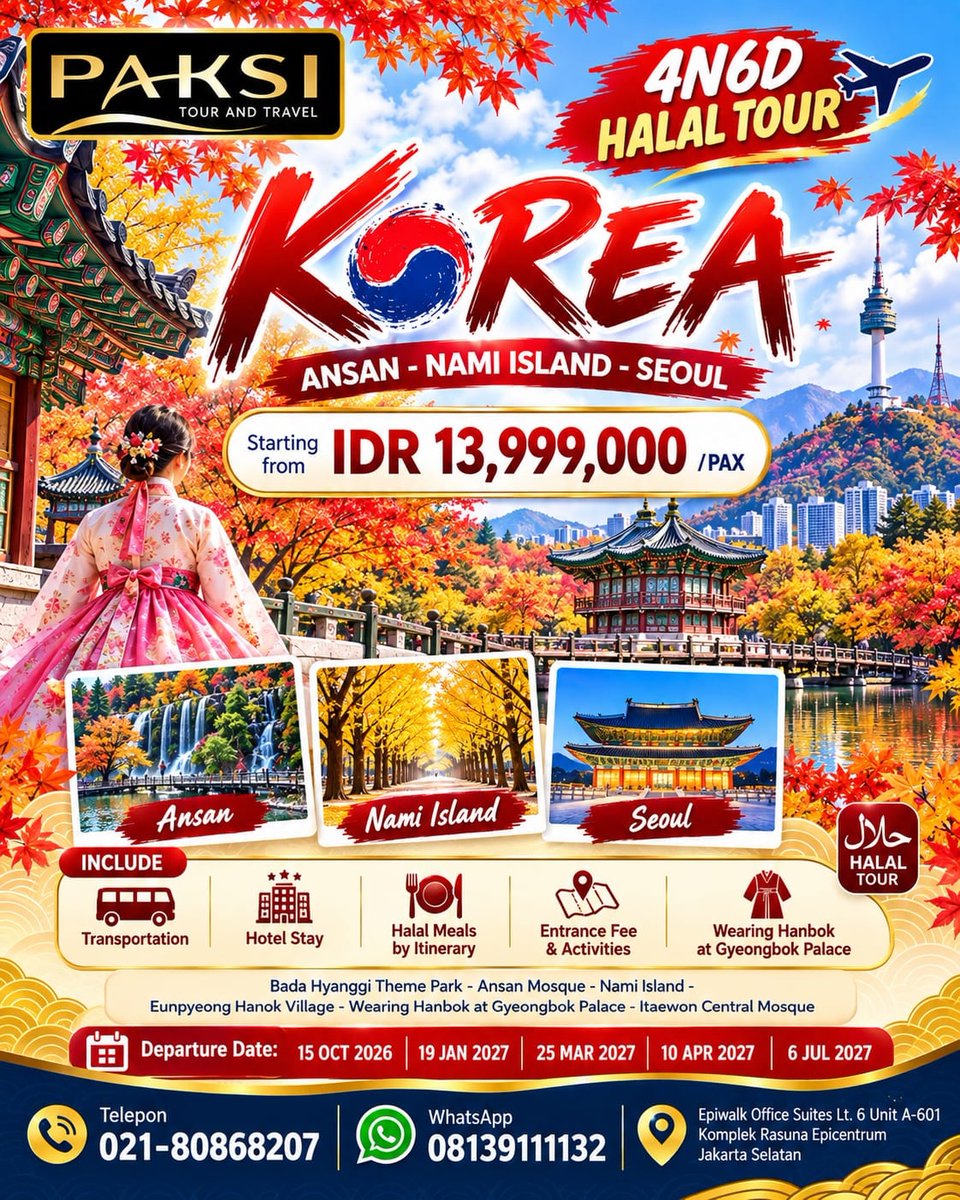 aligunay's tweet photo. Wujudkan liburan Korea Selatan bersama Paksi Wisata. Paket 4N6D Halal Tour ke Ansan, Nami Island, dan Seoul, mulai Rp13. 999. 000/pax. Keberangkatan pilihan 2026–2027. https://t.co/WtsxVMFkBJ