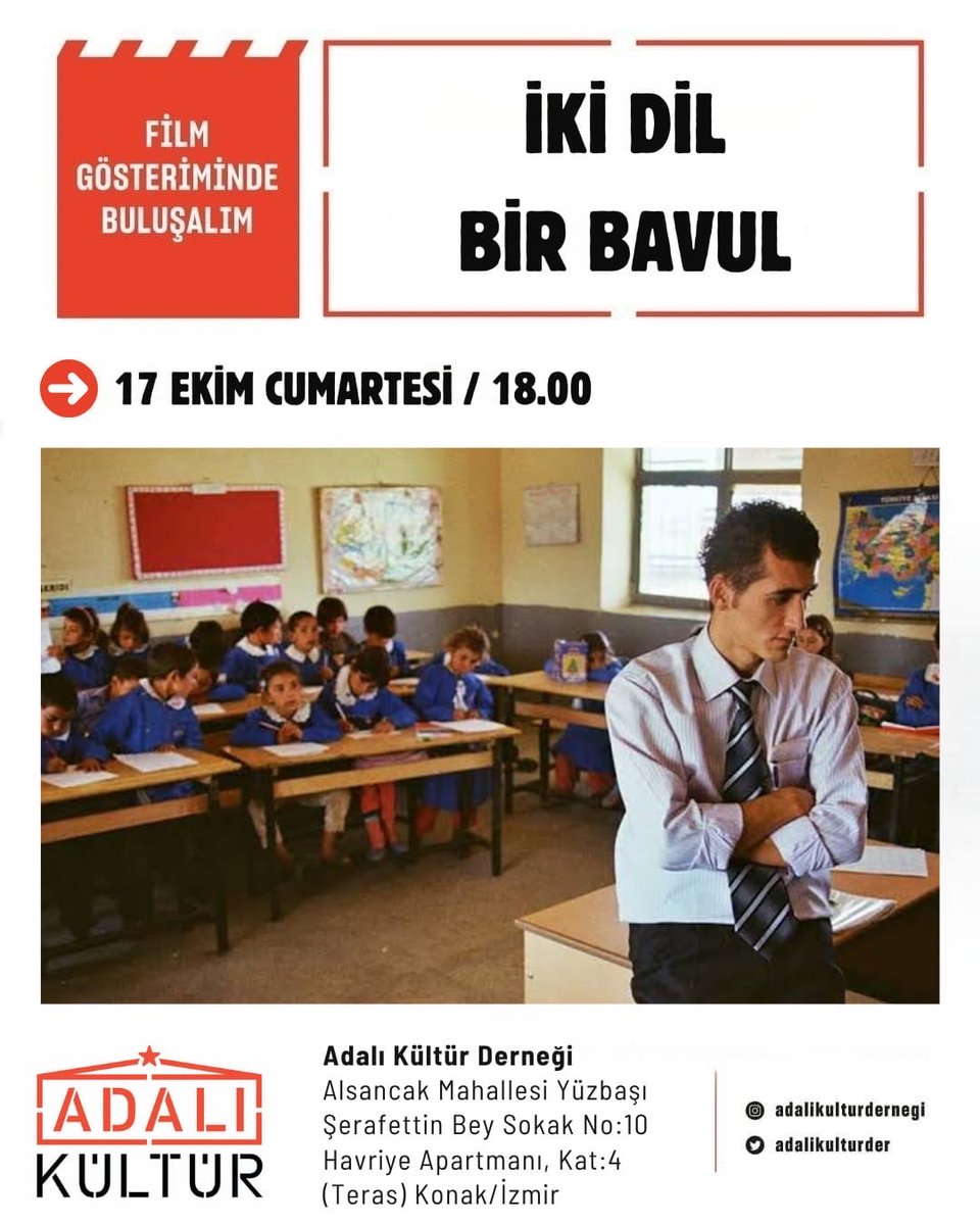 adalikulturder's tweet photo. Bu cumartesi İzmir Adalı Kültür Derneği'nde Kürt köyüne atanmış bir Türk öğretmenin okula yeni başlayan çocuklarla yaşadıklarını anlatan "İki Dil Bir Bavul" filmini izleyeceğiz.

Etkinliğimiz herkesin katılımına açıktır. Katılım formuna biodaki linkten ulaşabilirsiniz. https://t.co/8UcDo3PYtp