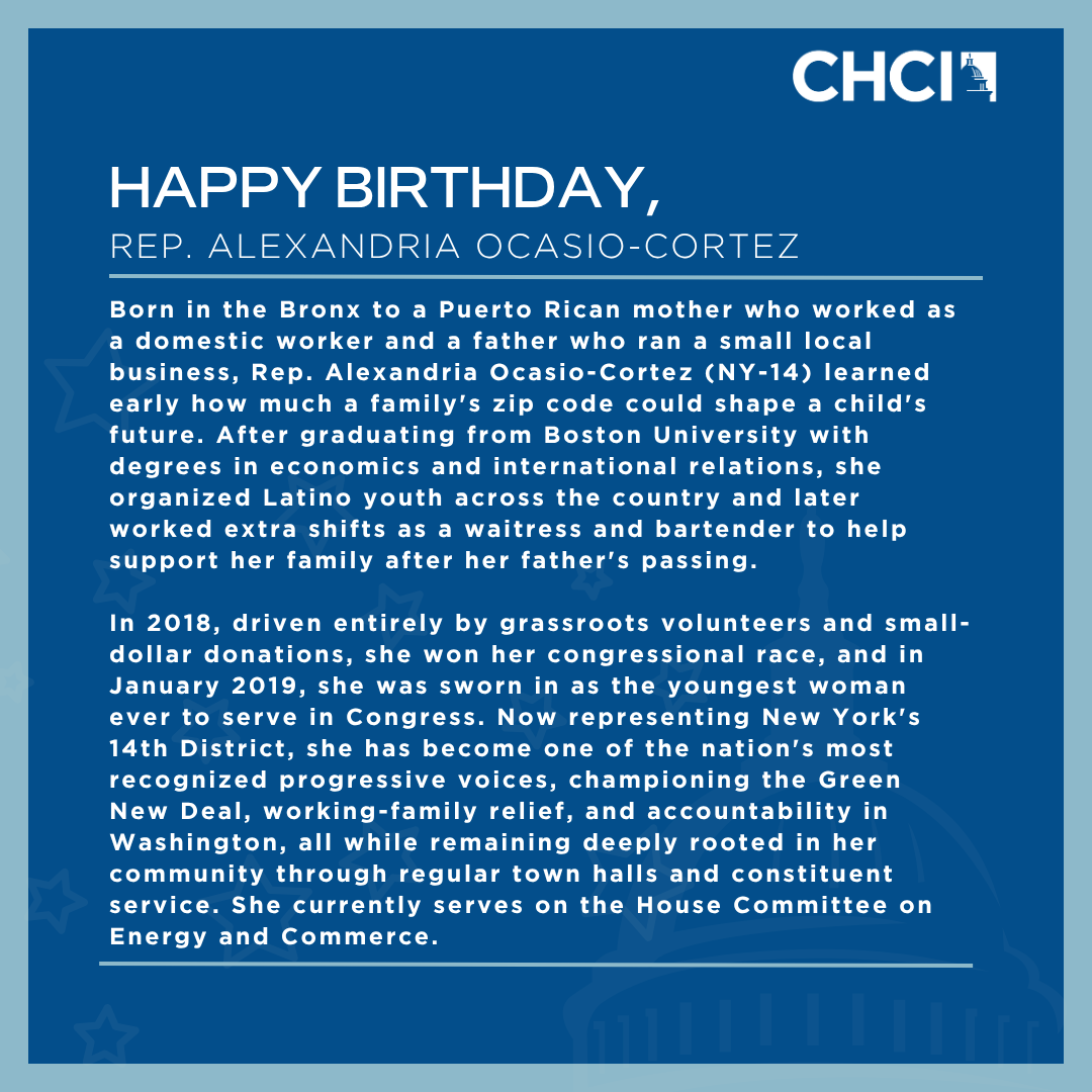 CHCI's tweet photo. Happy birthday to @RepAOC! Born and raised in the Bronx to a Puerto Rican mother, she made history as the youngest woman ever elected to Congress. Swipe to learn more. ➡️ https://t.co/YjqncHH1Hh