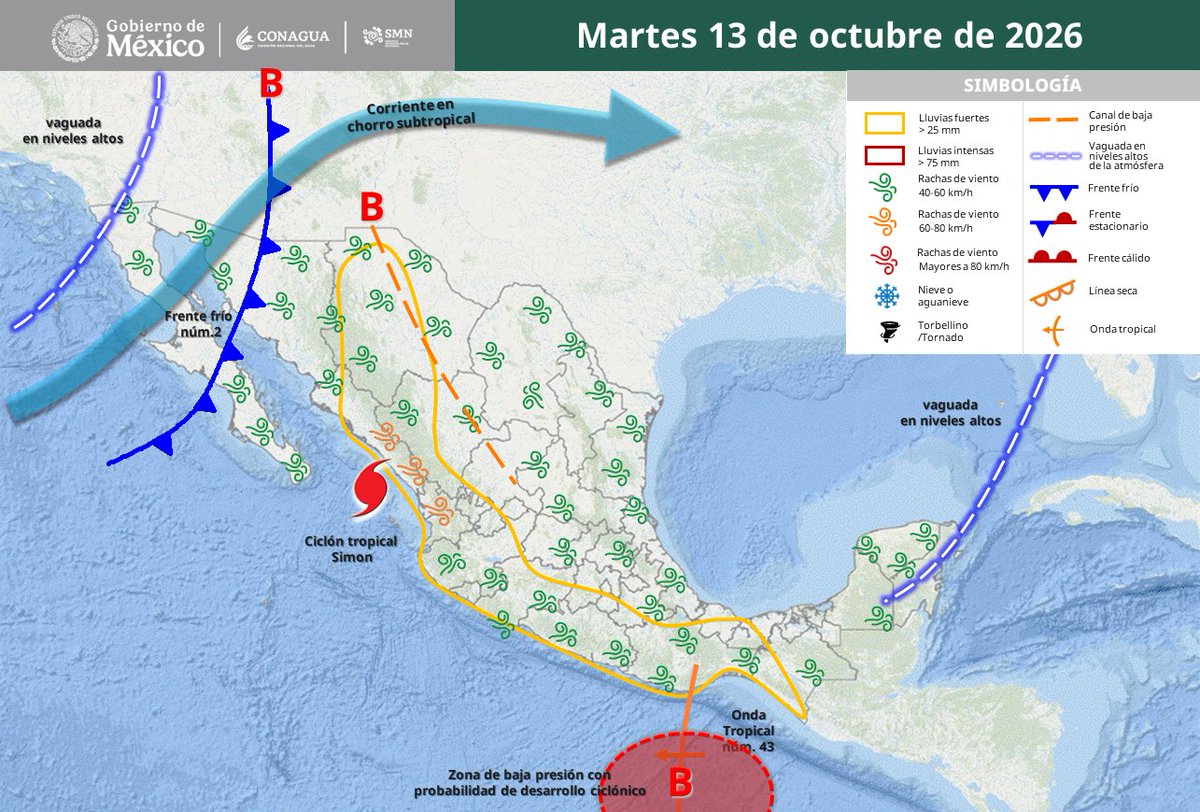 SasslaClimaMx's tweet photo. #PronósticoNacional 🇲🇽 | #HuracánSimon cerca de las costas de #Sin; #FrenteFrío y #OndaTropical mantendrán lluvias hoy. 🌀⛈️
• ⛈️🔴 MUY FUERTES: #Sin, #Nay, #Chih y #Dgo.
• ⛈️🟠 FUERTES: #Jal, #Mich, #Col, #EdoMéx, #Mor, #Gro, #Oax, #Ver y #Chiapas.
1/3 https://t.co/f2Mo6MDswI