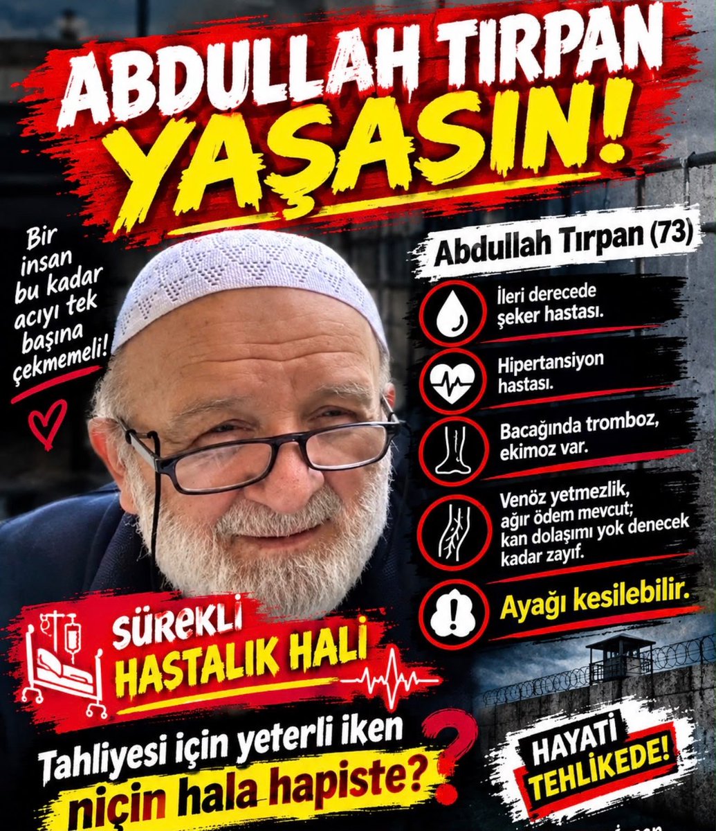 TAVASINEFESI20's tweet photo. Yaşlılık ve ağır hastalıklar insanı daha fazla korunmaya muhtaç h��le getirir. Abdullah Tırpan’ın durumuna duyarlılıkla yaklaşılmalı, yaşam hakkı her şeyin üstünde tutulmalıdır. AbdullahTırpan Yaşasın https://t.co/mmr7UedXD2