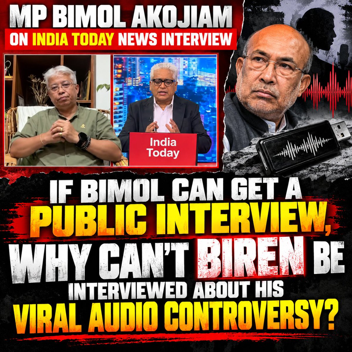 PaulMate6's tweet photo. @IndiaTodayNE #NFSU
MP Bimol Akoijam gets an interview on a national TV channel, India Today, to address serious allegations against him.

That's a great way to directly question the person involved and hear their side of the story.

This interview raises several important questions that could also be applied to the N. Biren Singh viral audio controversy.

But why can't former Manipur CM N. Biren Singh be directly questioned about the viral audio on a major national news channel, just like MP Bimol Akoijam?

The viral audio controversy is widely known, yet the fundamental questions surrounding it remain unanswered. 

The Supreme Court has examined the issue, but the speaker's identity remains disputed.

IF NFSU IS EXPERT ENOUGH TO IDENTIFY AN AUDIO RECORDING AS “EDITED, CUT OR MANIPULATED,” THEN A SERIOUS QUESTION REMAINS:

WHY CAN'T THE SPEAKER'S VOICE ALSO BE IDENTIFIED?

If national media channels can openly question one political leader about serious allegations, why shouldn't they apply the same standard to Birensingh audio? 

#BirenSinghAudio #Manipur #MediaAccountability #india #SupremeCourt
