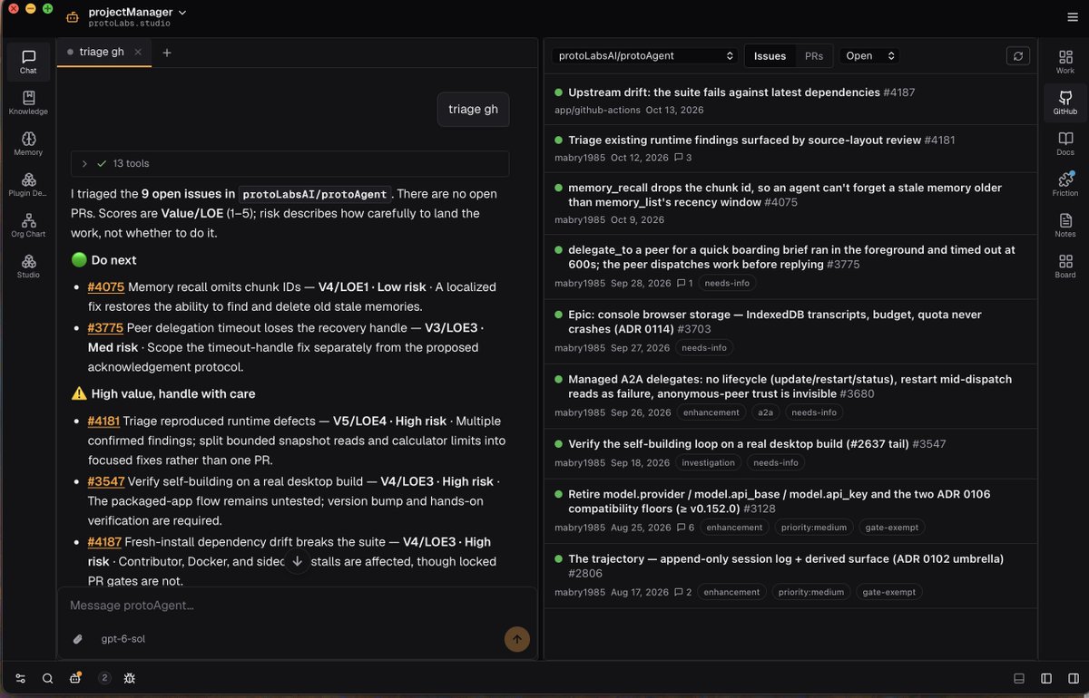 protoLabsAI's tweet photo. The morning starts by triaging Github issues and sorting out the priority for the day. If you want to start running your agents like a team, check out protoAgent on Github and give us a star to join the future of agent/human collaboration.

 https://t.co/qzO3YGJRo9 https://t.co/BHrj1MRl33