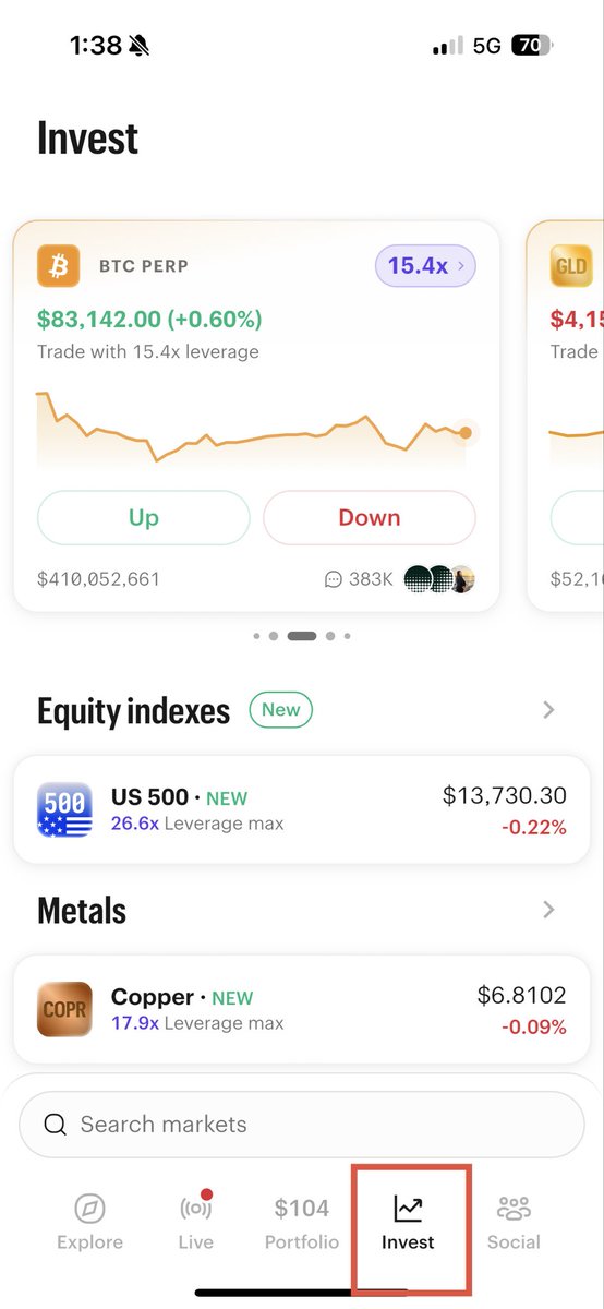 AldrinResearch's tweet photo. An “Invest” tab is now in the bottom navigation of @Kalshi’s mobile app.

The page features various Perps markets at the top, along with sections for Equity indexes, Metals and Crypto. https://t.co/gaNp7Lofm7