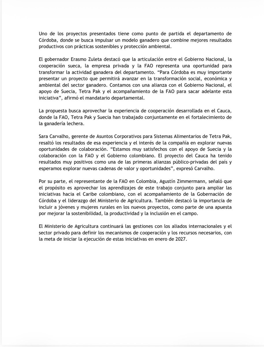 MinAgricultura's tweet photo. En el Foro Mundial de la Alimentación de la @FAO, en #Roma 🇮🇹 , el ministro de Agricultura, Indalecio Dangond, presentó a la cooperación sueca tres proyectos para el campo colombiano: ganadería regenerativa para pequeños productores, #JóvenesMilagro y cultivos bajo invernadero liderados por mujeres cabeza de hogar.

Desde el #CampoMilagro 🇨🇴 seguimos tendiendo puentes con el mundo para que pequeños ganaderos, jóvenes y mujeres rurales tengan más oportunidades.

Conoce más 👇