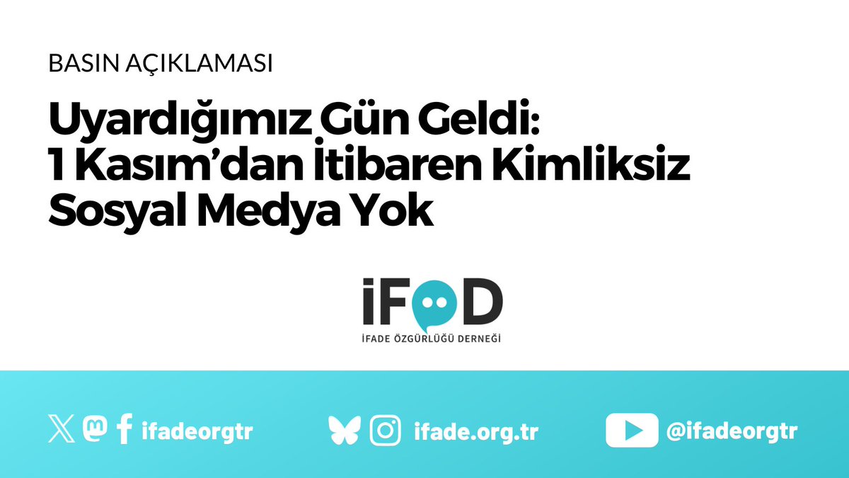 ifadeorgtr's tweet photo. İFÖD, 1 Kasım'da yürürlüğe girecek ve tüm sosyal medya kullanıcıları için e-Devlet üzerinden yaş doğrulaması öngören Yönetmeliğe ilişkin basın açıklaması yayımladı.

Uyardığımız Gün Geldi: 1 Kasım'dan İtibaren Kimliksiz Sosyal Medya Yok https://t.co/g9JDc4p237 https://t.co/pc8SqQAkPR