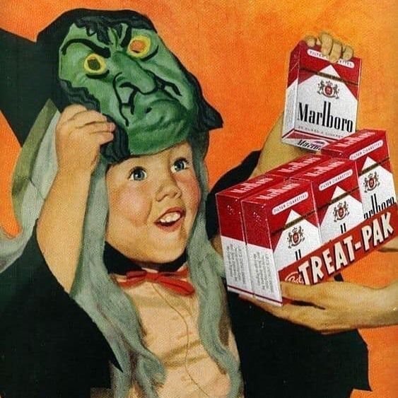 Scoobydouchebag's tweet photo. The standard of living used to be so high that a minimum wage worker could afford to give a whole pack of smokes to each trick or treater instead of just one or two loosies. Failed fucking empire https://t.co/JSMa0kxOpN