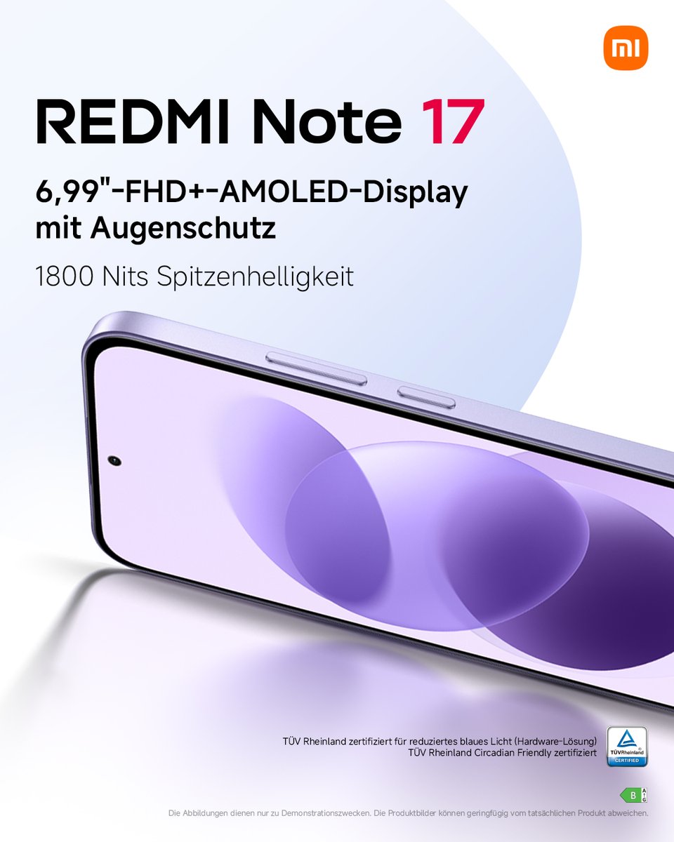 XiaomiDE's tweet photo. Scroll weiter. Ganz entspannt. 👀

Das #REDMINote17 bietet dir ein 6,99″ FHD+ AMOLED-Display mit bis zu 1.800 Nits Spitzenhelligkeit und TÜV Rheinland-zertifiziertem Augenkomfort.

https://t.co/r3m9UE4Jth https://t.co/bF6hzJTdHc