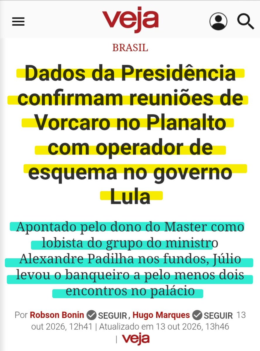 paulodetarsog's tweet photo. A Veja noticiou que houve no mínimo duas reuniões no Planalto com o Vorcaro.

Eitaaaaaaaaaa https://t.co/7lb8jxkMyz