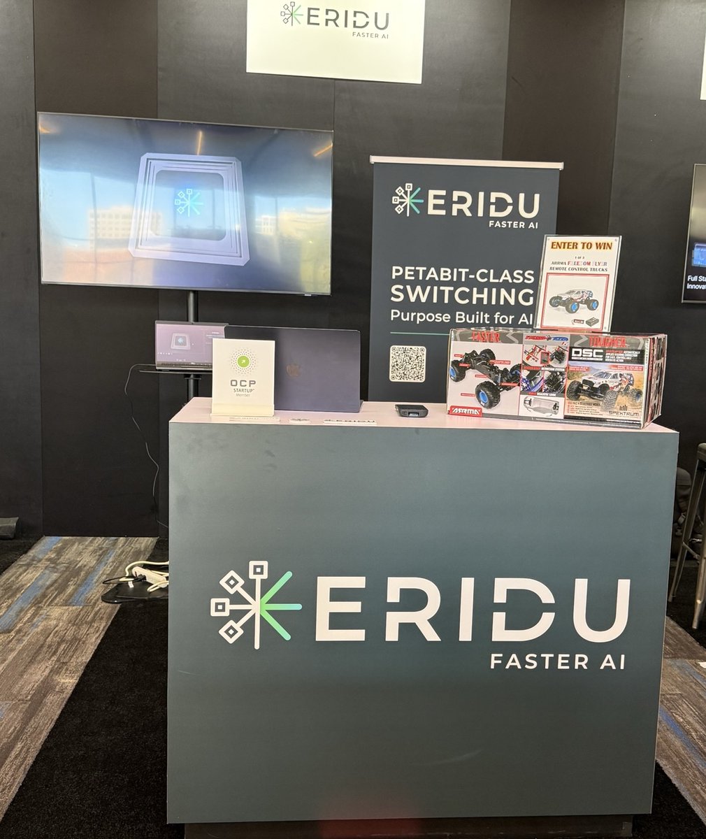 EriduAi's tweet photo. We're excited to be here as #OCPSummit26 gets into full swing today!

We've got lots going on all week:
📍 Stop by booth S7 in the Expo Ballroom to meet the team and to enter to win a remote control off-road racer
⚙️ Check out sessions on Wednesday featuring Eridu CTO Promode Nedungadi and Delos CTO Dan Daly, and on Thursday featuring Eridu's Dan Biederman
🗓️ A full calendar of meetings and demos in our private suite

Contact us at ocpglobal2026@eridu.ai to schedule time to connect or learn more

And don't forget to grab your espresso, latte or cappuccino at one of the barista carts in the convention center--on us!  ☕

More info at https://t.co/SRTmbn7gVq

#AInetworking #AIInfrastructure