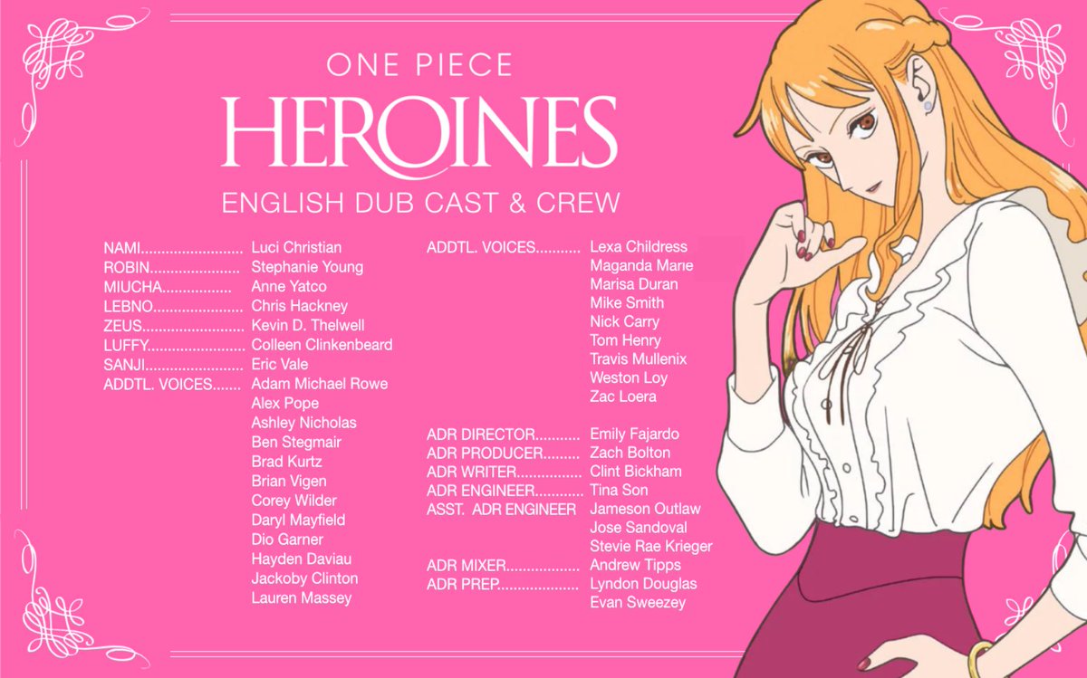 EmilyJFajardo's tweet photo. To ring in our fall season of #DubPiece, #ONEPIECE Heroines is officially out English dubbed on @Crunchyroll!

Here is a list of the wonderful cast &amp; crew who worked on this beautiful little episode. Enjoy the show! 🩷👠 https://t.co/HX0YalsHyp
