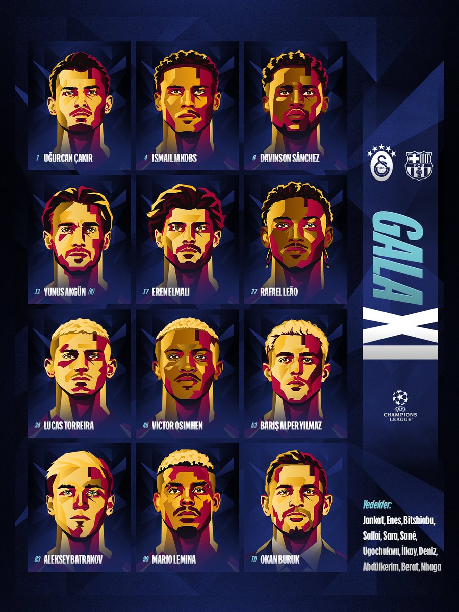 GalatasaraySK's tweet photo. 📢 FC Barcelona karşısında ilk 11’imiz ve yedeklerimiz! 👇 #GSvFCB #UCL https://t.co/IKsGETVZIS