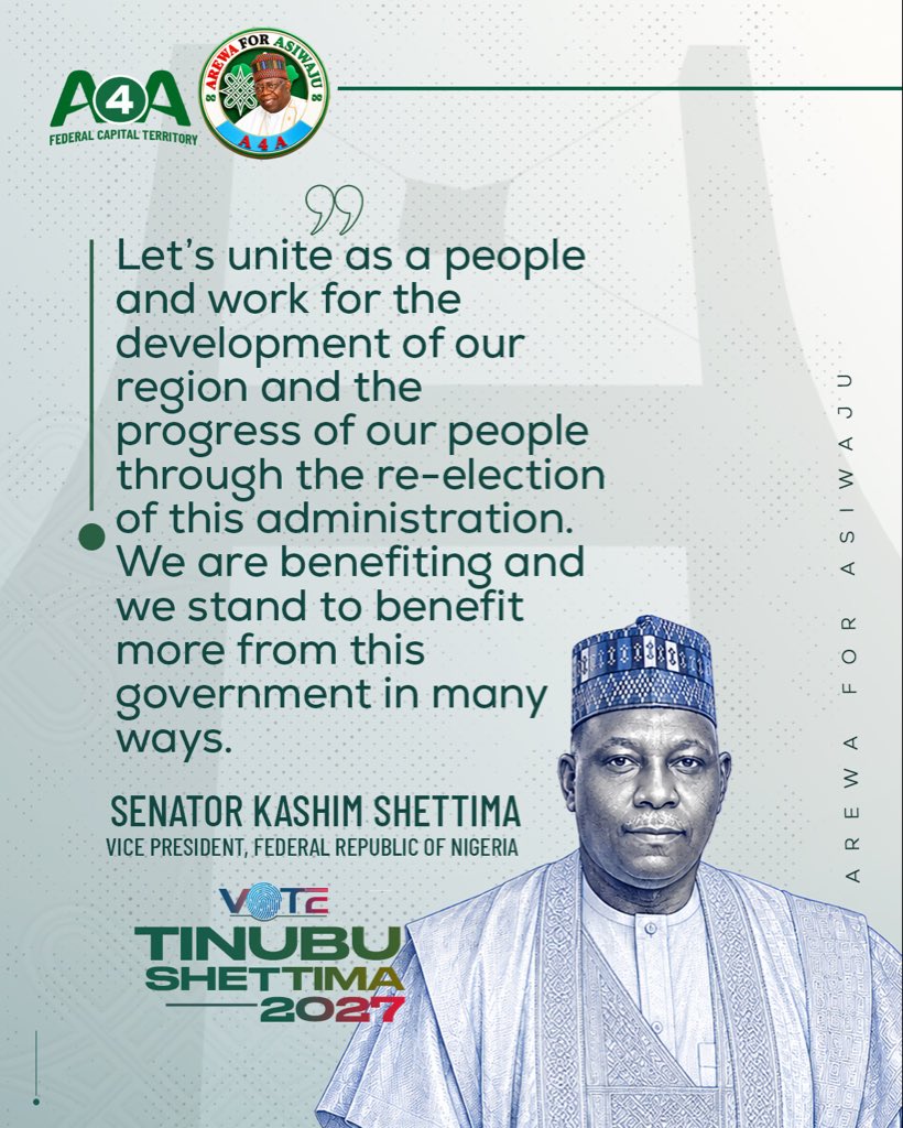 A4Afct's tweet photo. Let’s unite as a people and work for the development of our region and the progress of our people through the re-election of this administration. 
We are benefiting and we stand to benefit more from this government in many ways. 

#arewaforasiwaju #abujapeople #presidenttinubu https://t.co/Kfhxqi7Cki