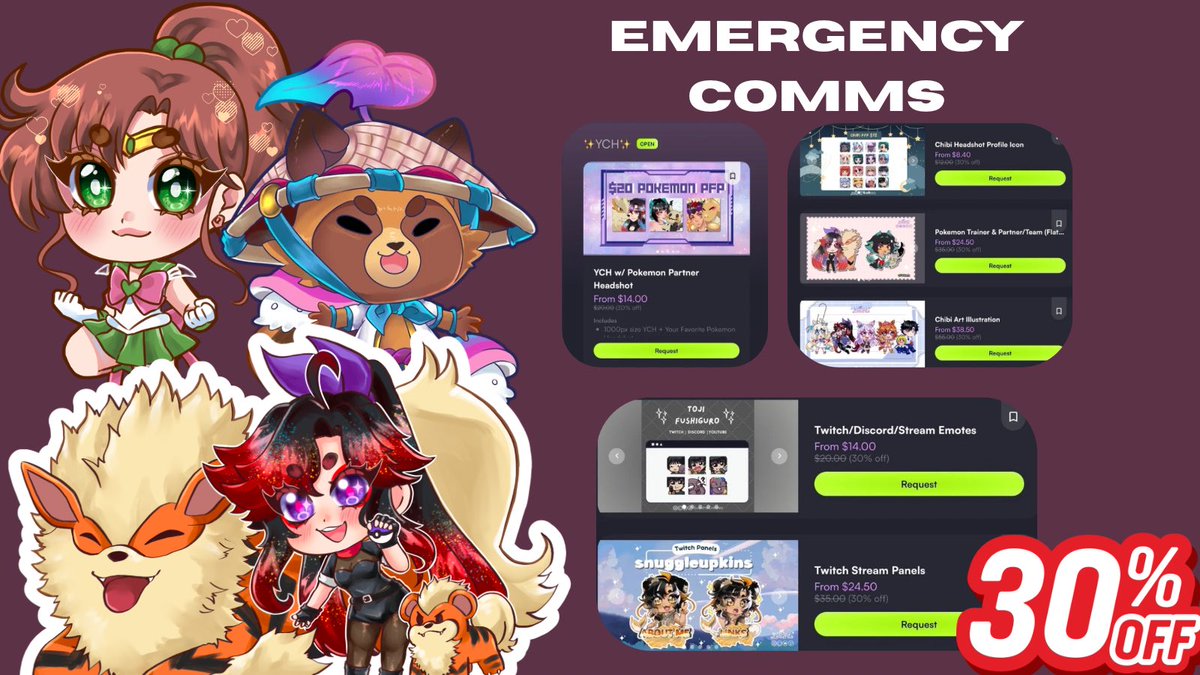 SuzumeCreates's tweet photo. Apparently idk how to spell. But my art C0mm$ are open on VGen but decided to have a sale. 
I have to pay a $600 medical bill 😭 
#VgenCommㅤ #vgenopen #artcommission https://t.co/v99v8hMgpM