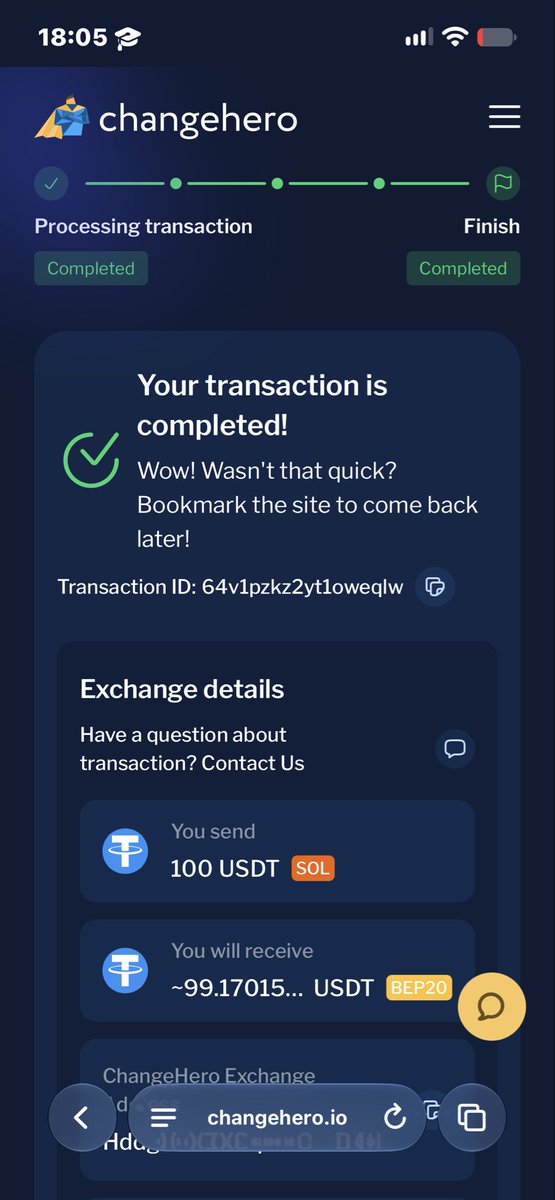 emnoxweb's tweet photo. I used @Changehero_io to swap 100 USDT from Solana to USDT on the BNB Smart Chain, and the process was straightforward. I could check the exchange details, follow the transaction status, and see when it was marked as completed.

What I liked most was how easy it was to navigate without unnecessary complications. I’ll definitely keep ChangeHero in mind for future cross-network swaps. Always good to have another option when moving crypto between networks.
