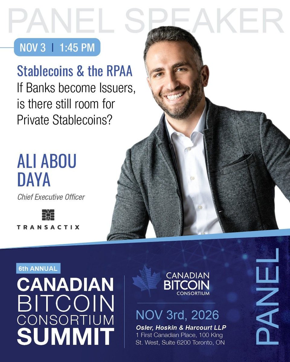 TransactixInc's tweet photo. Mark your Calendars!

CEO of @TransactixInc @aliaboudaya will be speaking at the 6th Annual @Bitcoin_CBC Summit.

📆 November 3, 2026
⏰ 1:45 PM ET
📍 Osler, Hoskin &amp; Harcourt LLP, Toronto, ON

Get your tickets  ⬇️
https://t.co/6HxrpJWtKs https://t.co/TYCo3Qdvce