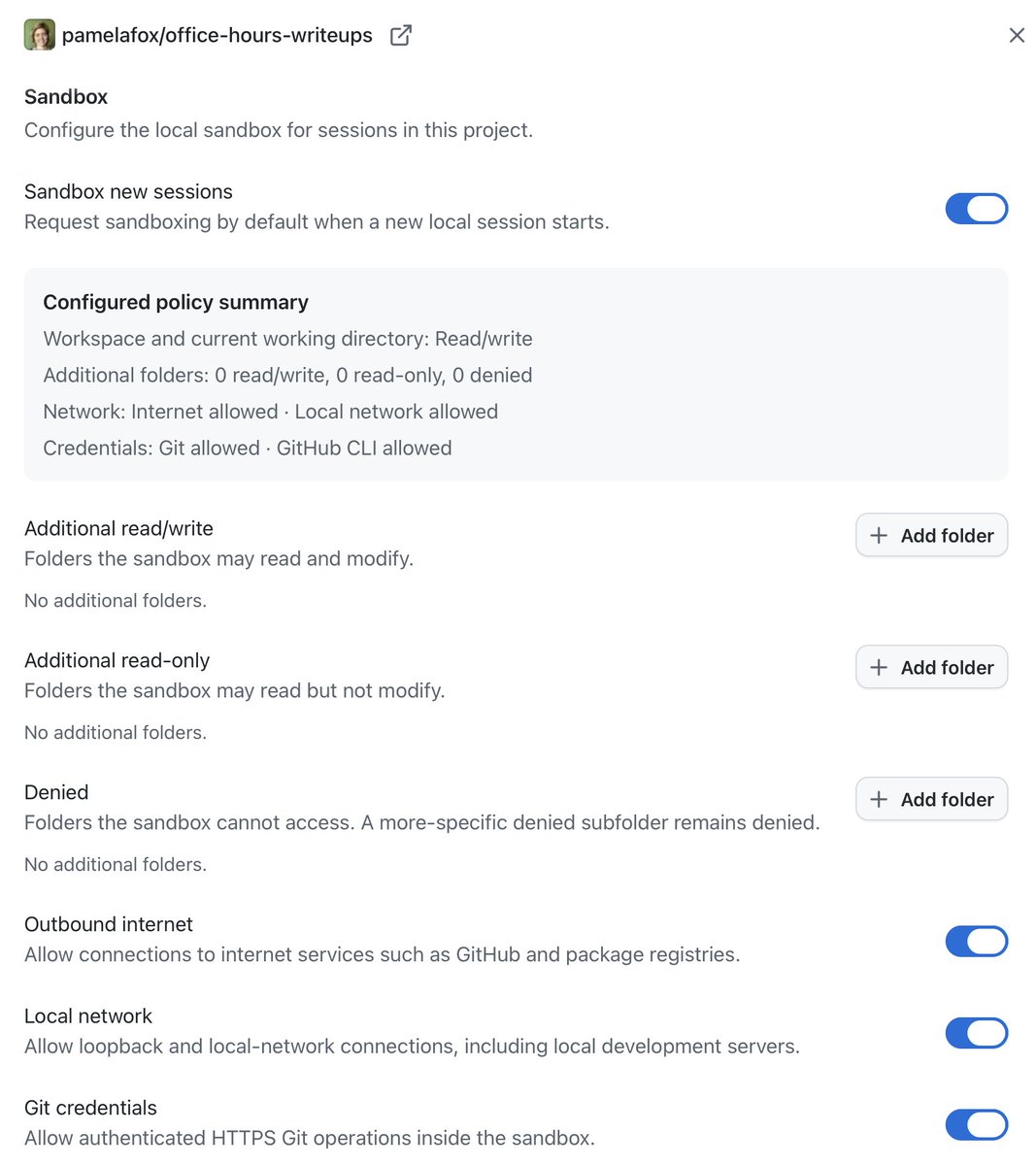 Copilot app sandbox settings showing per-repo controls for read/write folders, internet, local network, and Git credentials