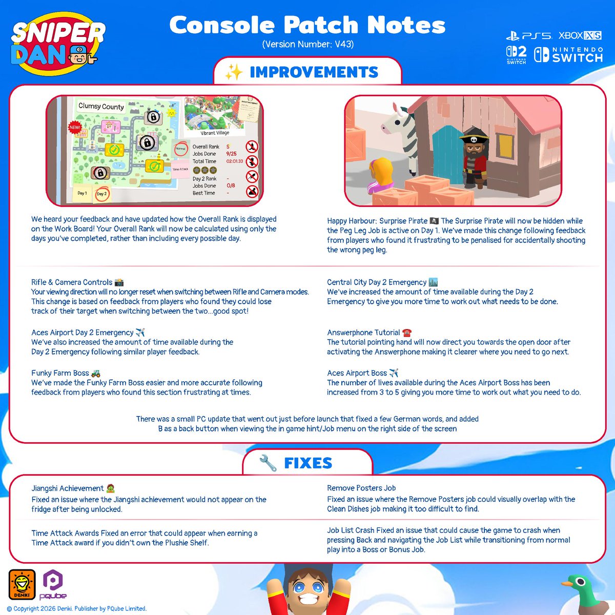 PQubeGames's tweet photo. ๐ฏ SNIPER DAN CONSOLE PATCH IS LIVE! ๐ ๏ธ
A whole host of fixes and improvements have landed on PS5, Xbox Series X|S, Nintendo Switch & Nintendo Switch 2! ๐ฎ
Check out whatโs new below! ๐
๐ Thanks for all your feedback, Sniperintendents!
#SniperDan #GameUpdate #OutNow https://t.co/WfiZLsVir5