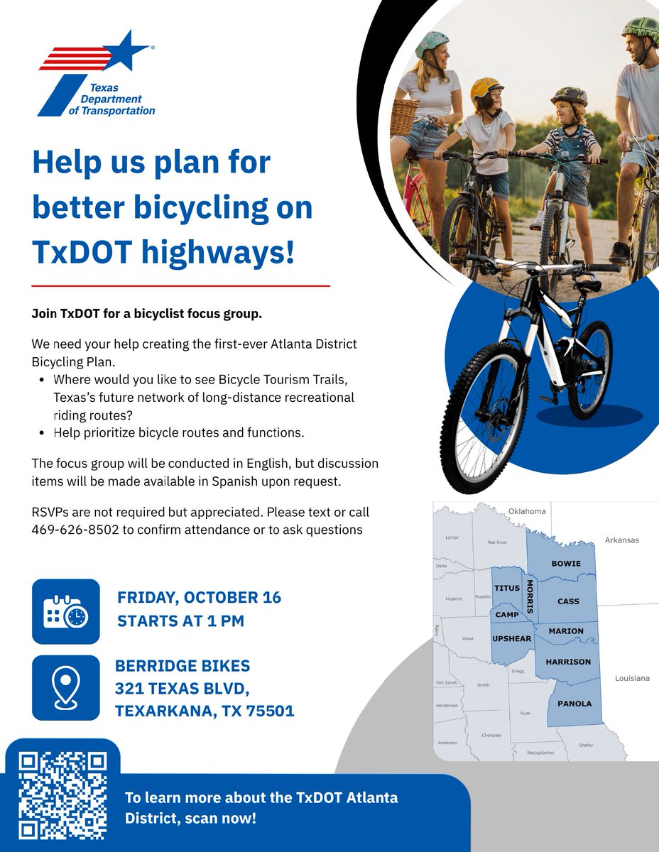 TxDOTAtlanta's tweet photo. Join us this Friday at 1 p.m. for a bicycle focus group in Texarkana! We'll be at 321 Texas Boulevard, hope to see you there!
#TxDOT https://t.co/zJ7XjLNCcO