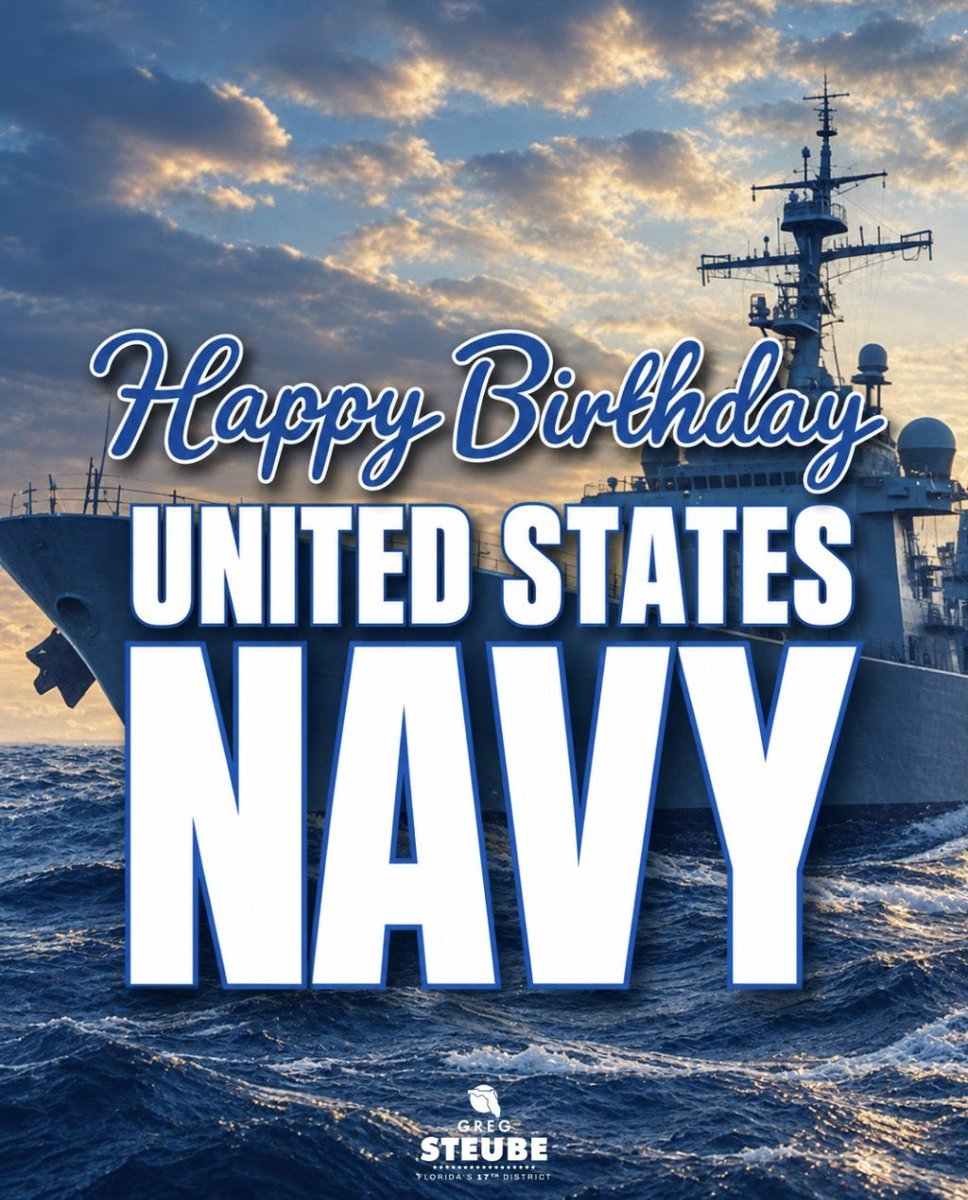 A celebratory graphic shows a U.S. Navy ship at sea beneath a cloudy sunset sky. Large birthday-themed lettering overlays the scene, with a small campaign-style logo and text at the bottom.