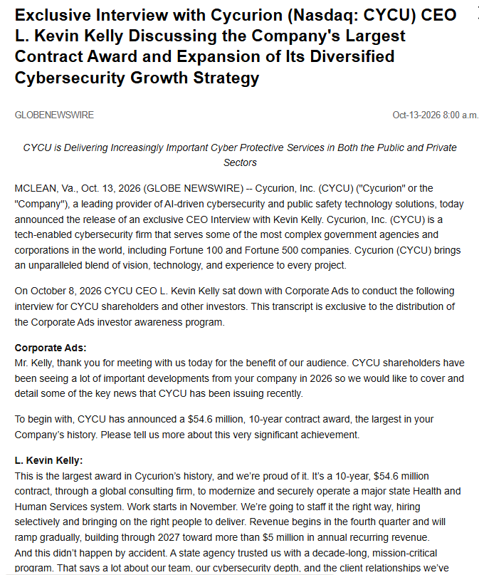 TadDickson333's tweet photo. $CYCU @cycurion #BIG_NEWS #Cybersecurity #Contracts #Winning. $54.6 Million in #new_Business https://t.co/lR9luoc685