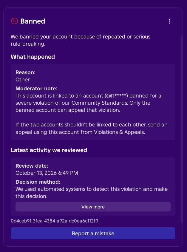 millie_nb7's tweet photo. I'm deeply sad and hurt as i just got back after a birthday dinner for my grandma to my Roblox account of +10 years have been Banned/"deleted" and i got no reason why.
And why it says anything with a linked account when that is literally the account i was banned on..??
😔💔 https://t.co/pfXau7dp2O
