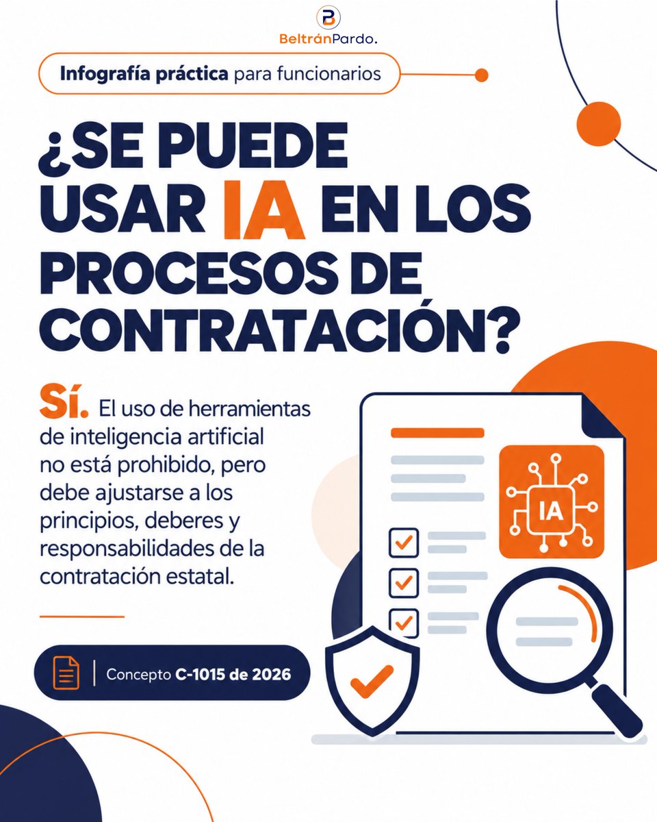 bpaabogados's tweet photo. 🤖 ¿SE PUEDE USAR IA EN PROCESOS DE CONTRATACIÓN? ⚖️

@colombiacompra  🇨🇴, mediante el Concepto C-1015 de 2026 📄, precisó los principales lineamientos y recomendaciones para el uso de inteligencia artificial 🤖 en los procesos de contratación estatal.

En este #CarruselBP 📷 te contamos los principales TIPS 💡 que todo funcionario debe conocer para utilizar estas herramientas de manera responsable y segura. ✅

Consulta el concepto 🔗 https://t.co/LQQZhgqxKA

Este y otros temas de interés los estaremos discutiendo en el #12ConversatorioBP 🔵🟠 los próximos 19 y 20 de noviembre🗓️. Inscríbete y asegura tu cupo 👉🏼https://t.co/yYVzAXF5kN

#JuntosSomosMás #MoverNosMueve #BPInforma