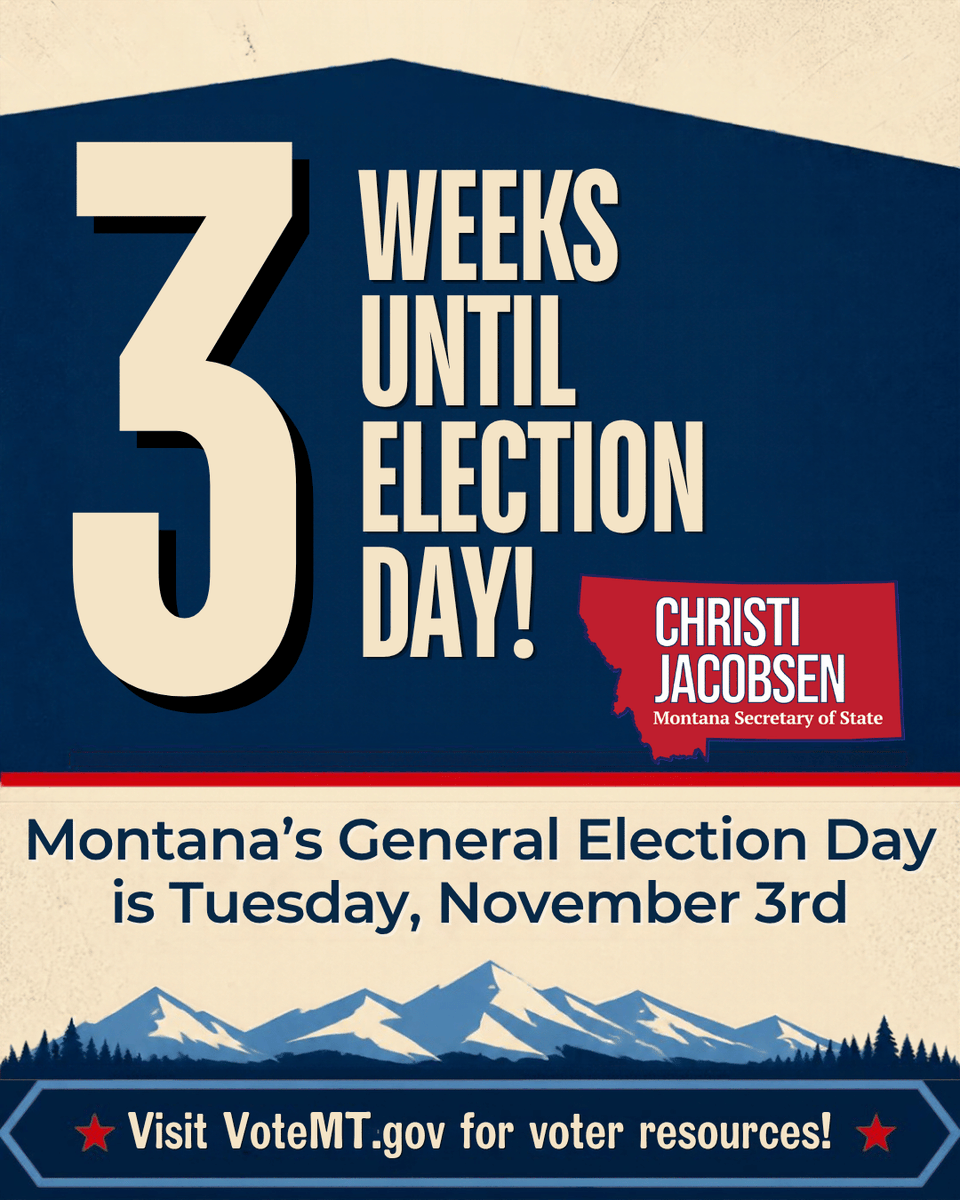 SOSJacobsen's tweet photo. Three weeks to go! Our Montana Election Team is dedicated to serving voters as we prepare for the November 3 General Election.
Absentee ballots were mailed to registered absentee voters last week. Return them promptly (before 8pm Election Day)! #mtnews #mtpol #mtvotes https://t.co/KtBq7yFCqb