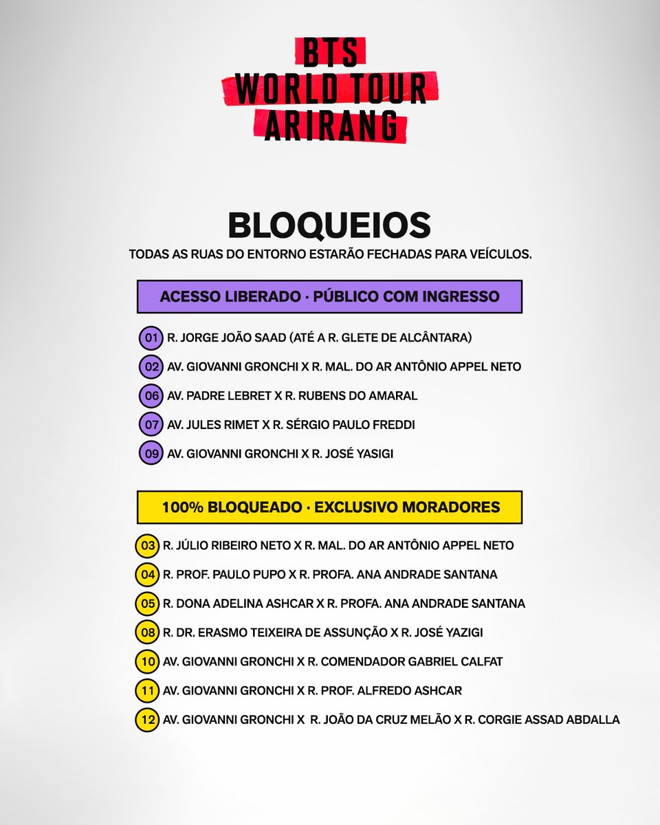 igorogh's tweet photo. 🚨 ATENÇÃO, ARMYs QUE VÃO AOS SHOWS DO BTS EM SÃO PAULO! 🇧🇷

A Live Nation anunciou uma operação especial de segurança no entorno do MorumBIS!

⚠️ Ruas BLOQUEADAS a partir das 8h, com acesso permitido APENAS a moradores cadastrados e fãs com ingresso válido para o dia.

Confira o mapa de acessos!
