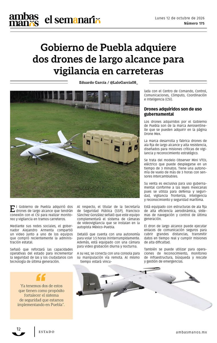 Ambas_Manos's tweet photo. @A_Villegas_Men @MateoHdzl #ElSemanario 📰 ¿Qué opinas?
Gobierno de #Puebla adquiere dos drones de largo alcance para vigilancia en carreteras.
https://t.co/vHWMUtKeFQ https://t.co/eyCErcNf7O