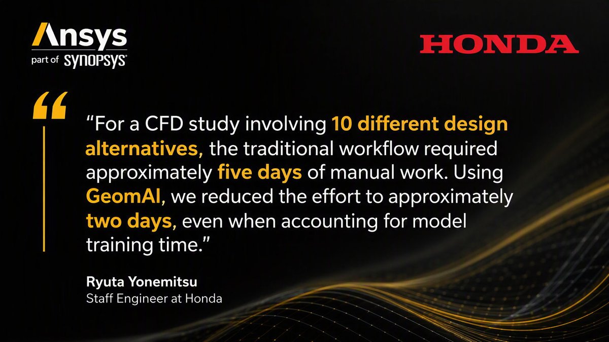ANSYS's tweet photo. What if one model took a minute to prepare for analysis—not half a day? ⏱️

Honda shared how Ansys GeomAI helped reduce a #CFD workflow involving 10 design alternatives from approximately five days of manual work to two days, enabling faster design exploration and innovation.

Discover how Honda is accelerating #automotive development with AI-driven #engineering. 🚗  https://t.co/WGermIxCcp
