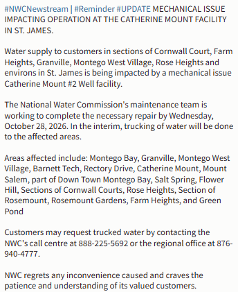 NWCjam's tweet photo. #NWCNewstream | #Reminder #UPDATE MECHANICAL ISSUE IMPACTING OPERATION AT THE CATHERINE MOUNT FACILITY IN ST. JAMES.

See full release: https://t.co/TYargTNBkv
