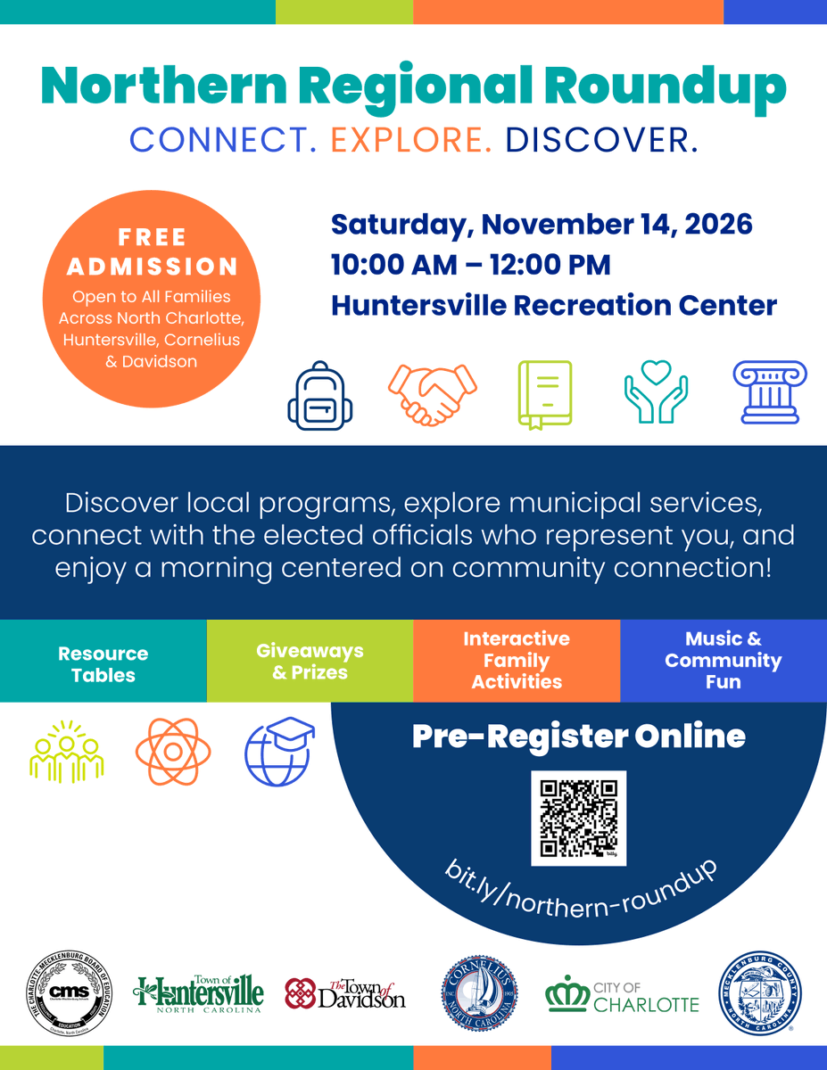 CMSboard's tweet photo. Join us for the Northern Regional Roundup—a FREE community resource and family expo packed with interactive fun, local resources, and connection!

🗓️ Saturday, November 14, 2026
⏰ 10:00 AM – 12:00 PM
📍 Huntersville Recreation Center (11836 Verhoeff Dr, Huntersville, NC) https://t.co/9opkQxxzPh
